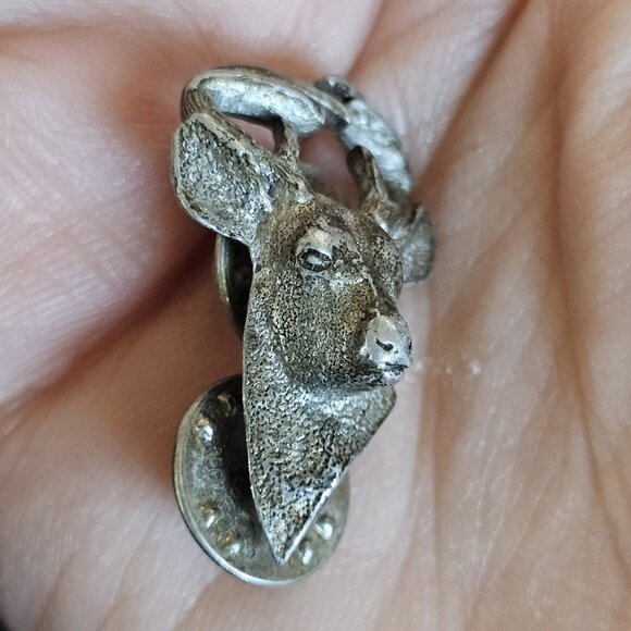 VTG Fine Pewter Whitetail Deer Hat Lapel Brooch Pin by GG Harris 80s 3D Buck - Picture 3 of 9
